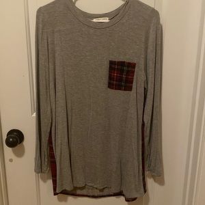 BNWOT First Look Grey Long Sleeve Tee with Plaid Back & Pocket